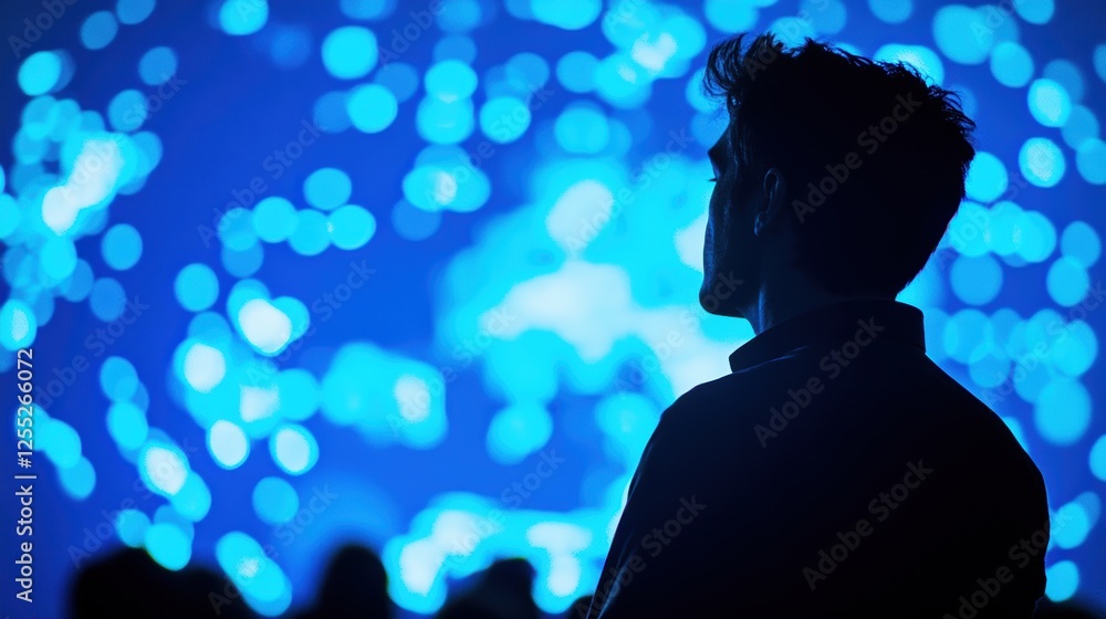 Poster person observing digital data visualization on screen with blue bokeh lights in background. concept 