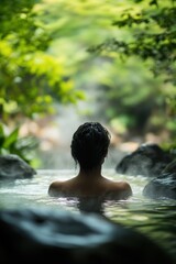 Fototapeta premium Person relaxing in natural hot springs surrounded by lush greenery. Tranquil atmosphere, wellness retreat, peaceful escape, and nature therapy for rejuvenation.