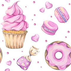 Seamless watercolor pattern in soft pink tones featuring desserts: a cupcake with pink frosting, a donut, macarons and candies. Ideal for bakery branding, cozy cafe decor, scrapbook paper