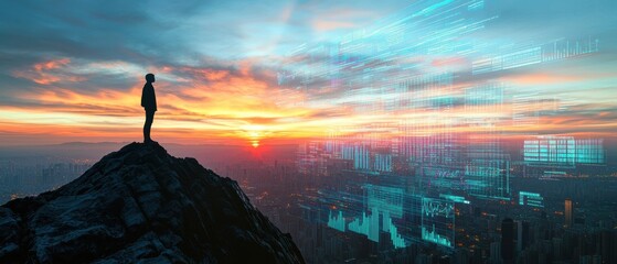 Person standing on mountain peak observing sunset over city skyline with digital overlay representing technology, innovation, and future trends in urban development.