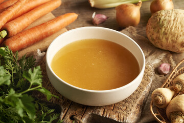 Chicken soup or bone broth in a white bowl