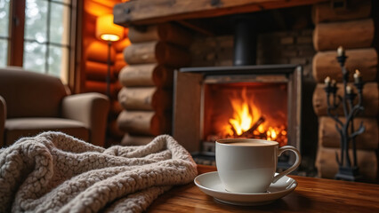 A crackling fireplace in a cozy log cabin, with a soft blanket and a cup of hot cocoa resting on a wooden table nearby