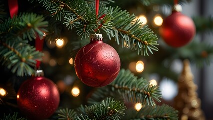 Fototapeta premium Festive Christmas Ornaments: A Close-Up of Red Baubles on a Lush Tree, Capturing the Spirit of the Holiday Season