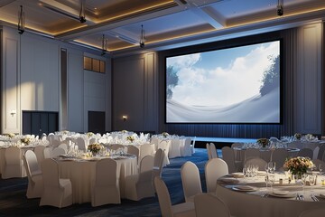 Elegant Banquet Hall with Projection Screen Ready for Event