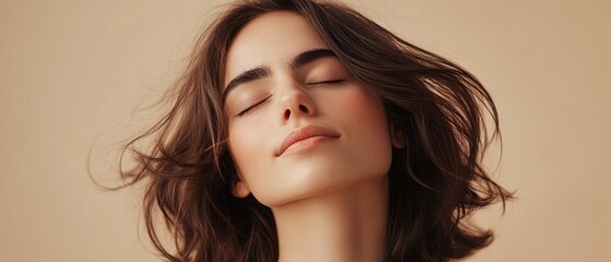 Naklejka premium Portrait of a woman with flowing hair enjoying a moment of serenity. Emphasis on natural beauty and relaxation, skincare routine and self-care concept.