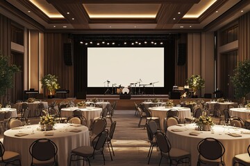 Elegant banquet hall with round tables, perfect for corporate events.