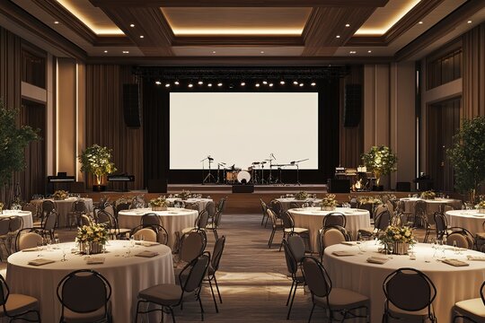 Elegant banquet hall with round tables, perfect for corporate events.
