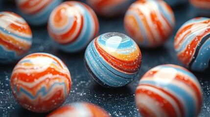 Colorful Swirled Marbles on Dark Surface