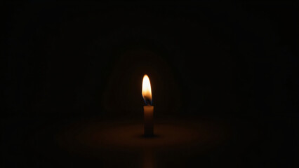 A single flickering candle in complete darkness, casting a soft glow and creating a sense of solitude and reflection