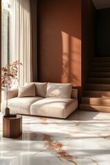 Fototapeta premium Serene Living Room Interior with Modern Sofa and Warm Earth Tones for Relaxed Atmosphere