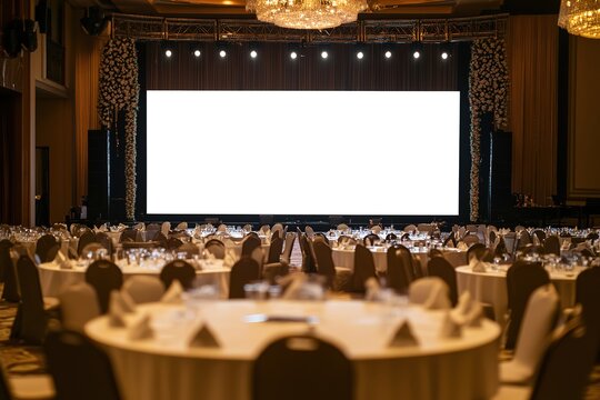 Elegant banquet hall with round tables, perfect for corporate events.