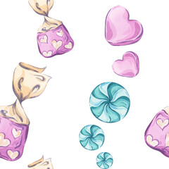 Seamless watercolor pattern with pink and turquoise candies on a white background