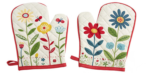  Cute floral-printed kitchen oven mitts with vibrant red, blue, and yellow flowers stitched on a soft fabric placed on a white background.