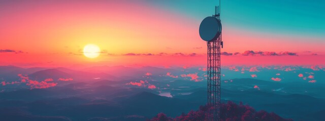 Silhouette of a cell tower standing against a mountain backdrop with a vibrant sunset sky, symbolizing communication, technology, and connectivity.