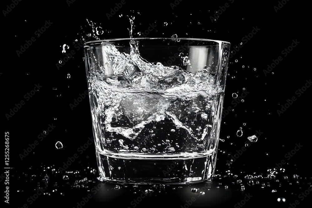 Poster refreshing splash of water in a glass against a stark black background creating a dynamic scene