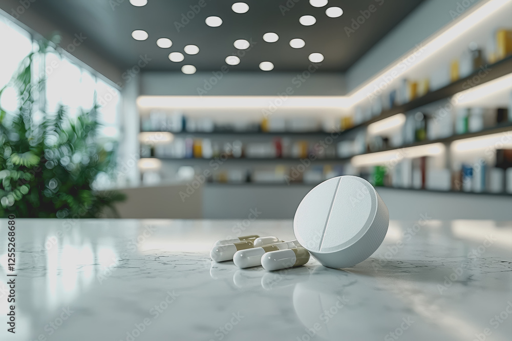 Poster white pill placed on a wooden table in a library setting with books in the background
