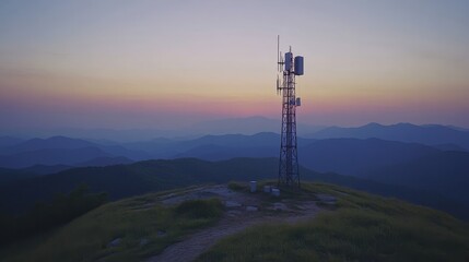 Obraz premium Silhouette of a cell tower standing against a mountain backdrop with a vibrant sunset sky, symbolizing communication, technology, and connectivity.