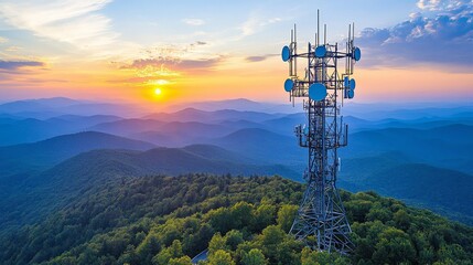 Obraz premium Silhouette of a cell tower standing against a mountain backdrop with a vibrant sunset sky, symbolizing communication, technology, and connectivity.