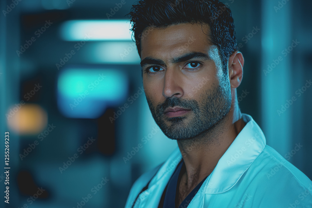 Poster man with a beard wearing a white coat standing in a professional setting with a confident expression