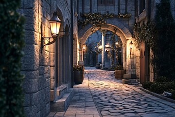 Fototapeta premium Warm street lamps illuminate a charming cobblestone alley winding through a medieval european town, creating a cozy and enchanting atmosphere at dusk