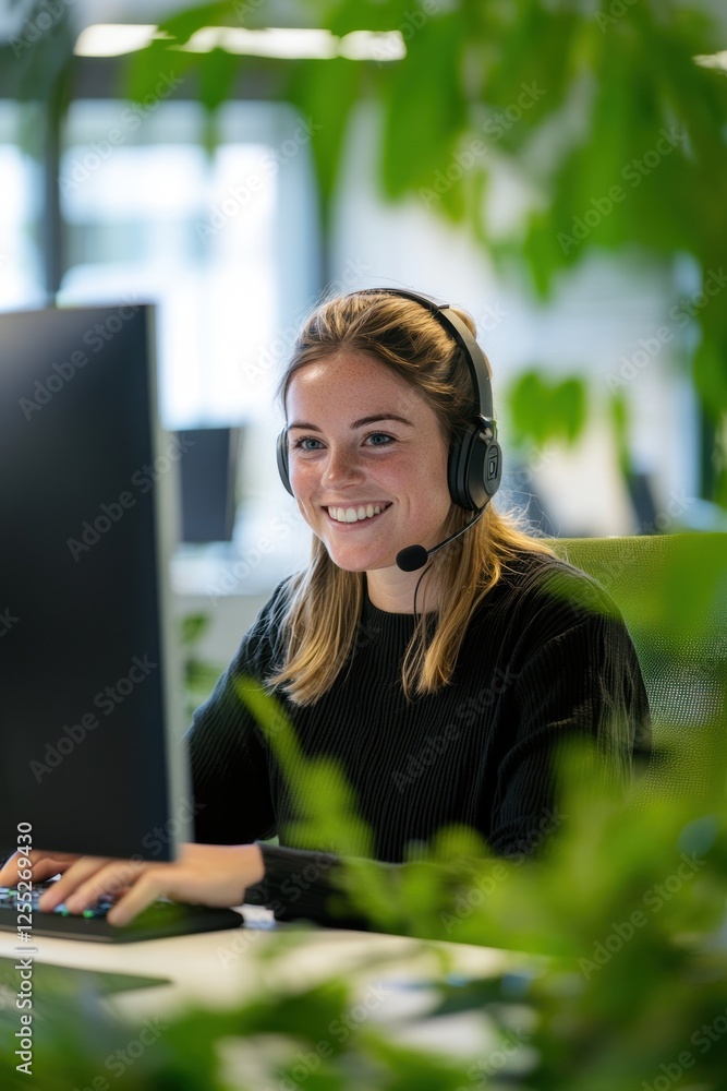 Poster remote work and customer support representative wearing headset in modern office. engaging with clie
