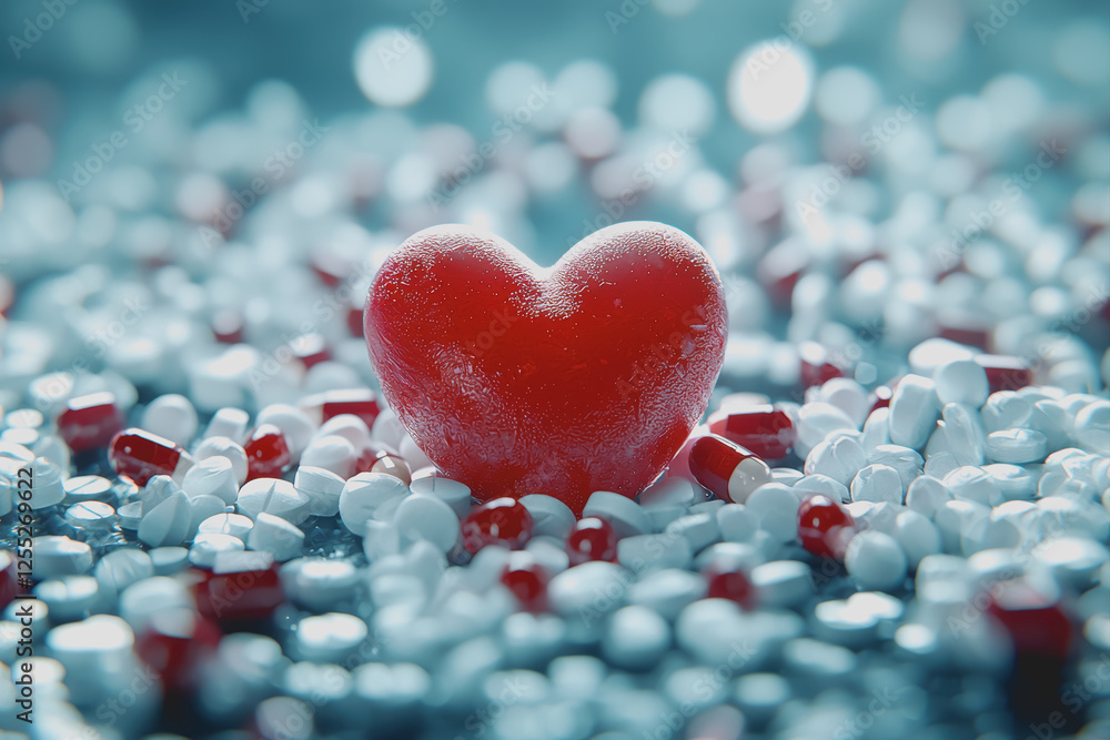 Poster heart shaped candy on top of a colorful pile of assorted candies in various shapes and sizes