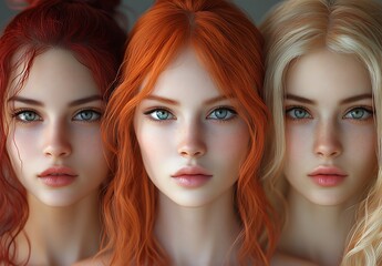 Naklejka premium Three Mannequins with Red Waves Vibrant Orange Curls and Straight Blonde Hair