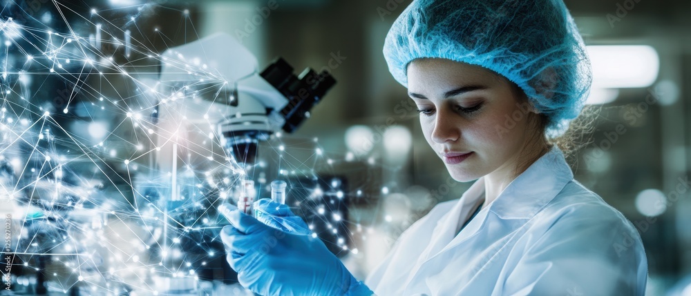 Poster scientist in laboratory conducting research with microscope, analyzing samples and data, exploring i