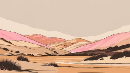 Obraz premium Stylized, illustrative landscape featuring a series of rolling hills or mountains in muted pastel shades of pink, orange, and beige