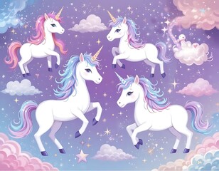 Whimsical Pastel Unicorns in a Starry Night Sky