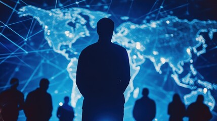 Silhouette of people observing a digital world map, representing global connection, technology trends, data analysis, and networking opportunities in business.