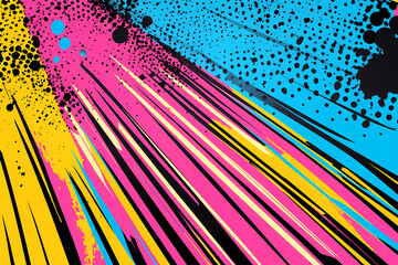 Vector background with grunge, neon comic book lines, dots, and paint splashes. Bright pink, blue, yellow, and black color palette