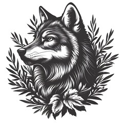 Fototapeta premium Graphic Wolf Portrait in Nature Scene. Possible Use Tattoo Design or print