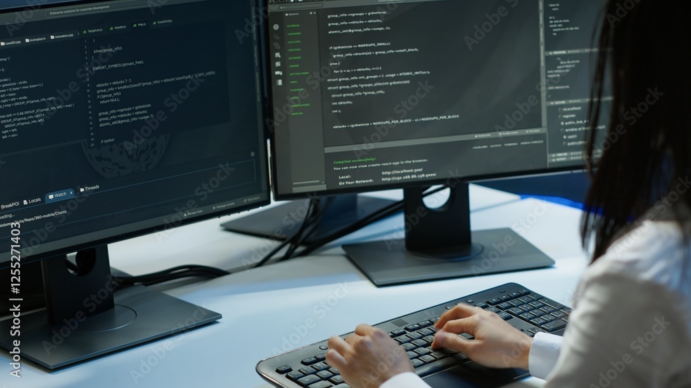 Poster computer scientist in data center monitoring security threats using pc, implementing cybersecurity m