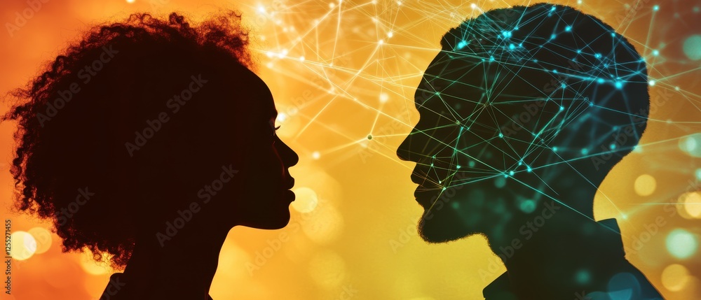 Poster silhouettes of diverse individuals showcasing connection and communication with digital technology, 