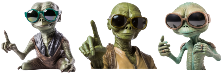 Set of Funny Realistic Alien with Sunglasses Showing Finger up Gesture on Transparent Background