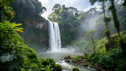 Obraz premium Majestic waterfall adventure tropical rainforest nature photography lush environment serene viewpoint tranquility concept