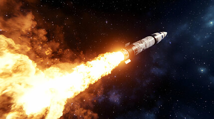 Rocket launch, space, fiery ignition, starry background, exploration