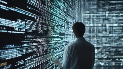 Analyzing complex code: A developer confronts a wall of digital information