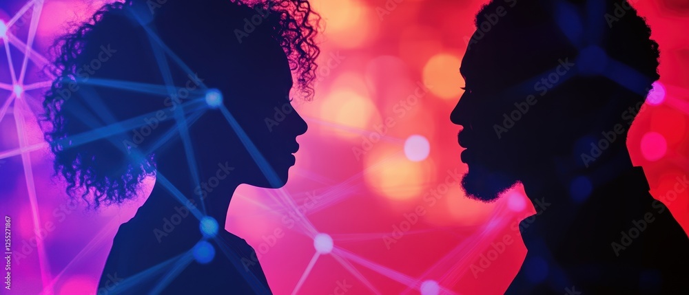 Poster silhouettes of two diverse individuals standing face to face with colorful abstract background repre