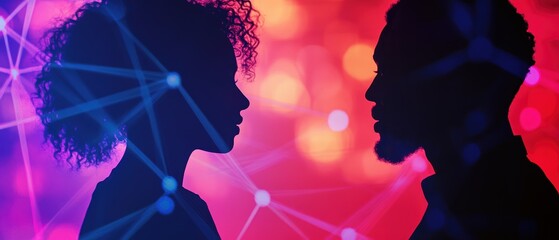 Silhouettes of two diverse individuals standing face to face with colorful abstract background representing connection, communication, and social interaction concepts.