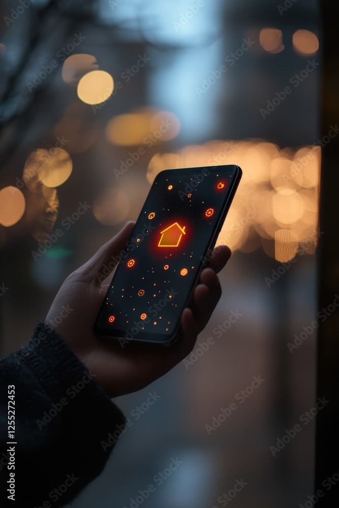 Poster smartphone held by a person displaying vibrant digital interface with glowing buttons against a blur