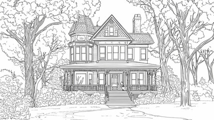 Obraz premium Black and white line art illustration of an old Victorian house with a large front porch surrounded by trees, a coloring book page