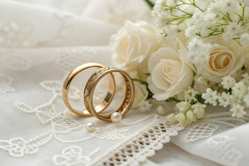 wedding ceremony Elegant wedding rings resting on delicate lace with white roses and baby's breath, symbolizing love and commitment in a serene setting.