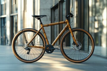 Fototapeta premium A stylish bamboo bicycle with a brown-tan tire, parked outdoors on a city street.