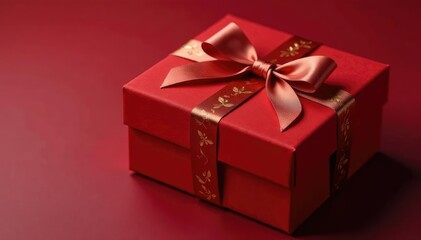 Obraz premium Elegant red velvet gift box with golden leaf embossing, embossed, present, gift box