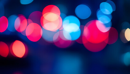 Blurred background of a night city with police car lights, blurred red and blue flashing lights on a black backdrop