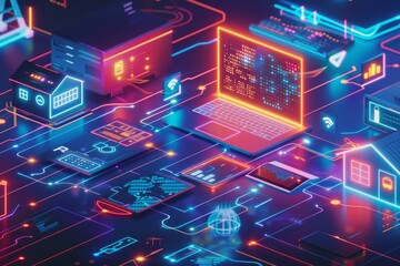 Smart Home Network Showcasing Seamless Data Flow From Computer to Various Connected Devices in a Vibrant Digital Landscape