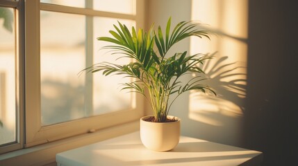 This vibrant Chamaedorea elegans gracefully thrives in a cozy indoor spot, illuminated by warm sunlight filtering through a bright window, creating a serene atmosphere