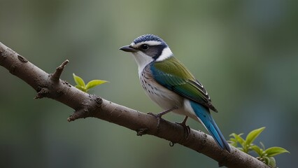 Obraz premium A colorful bird with blue, white, and black plumage perches on a branch, looking alertly around.